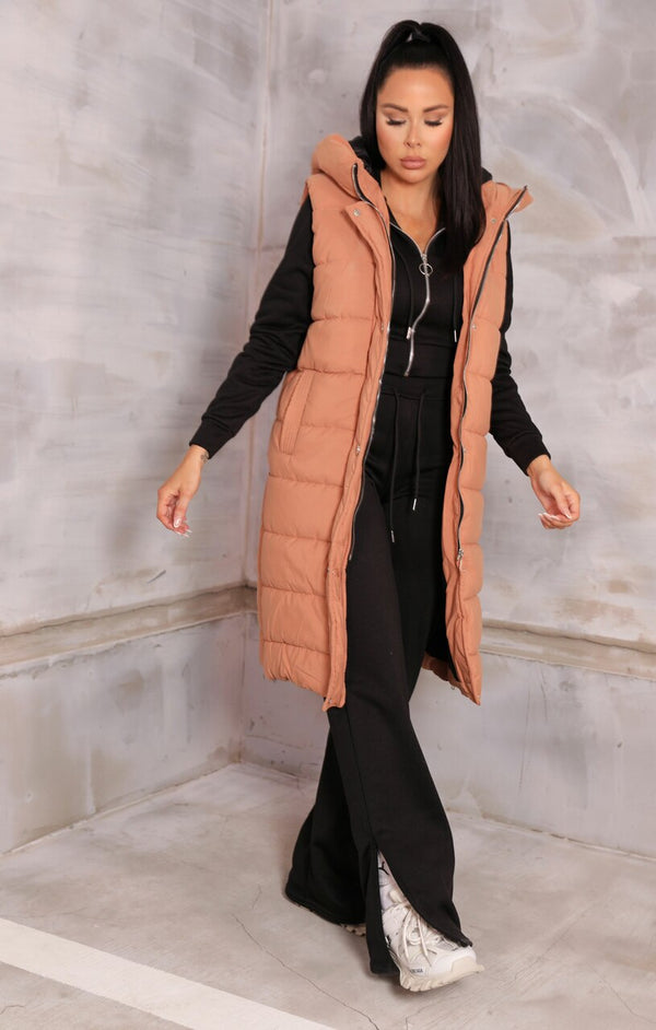 femme luxe Tan Sleeveless Longline Midi Zip Up Hooded Puffer Gilet - Terri