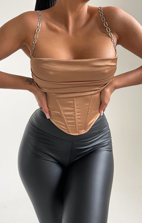 Femme Luxe Taupe Diamante Straps Satin Corset Top - Hetty