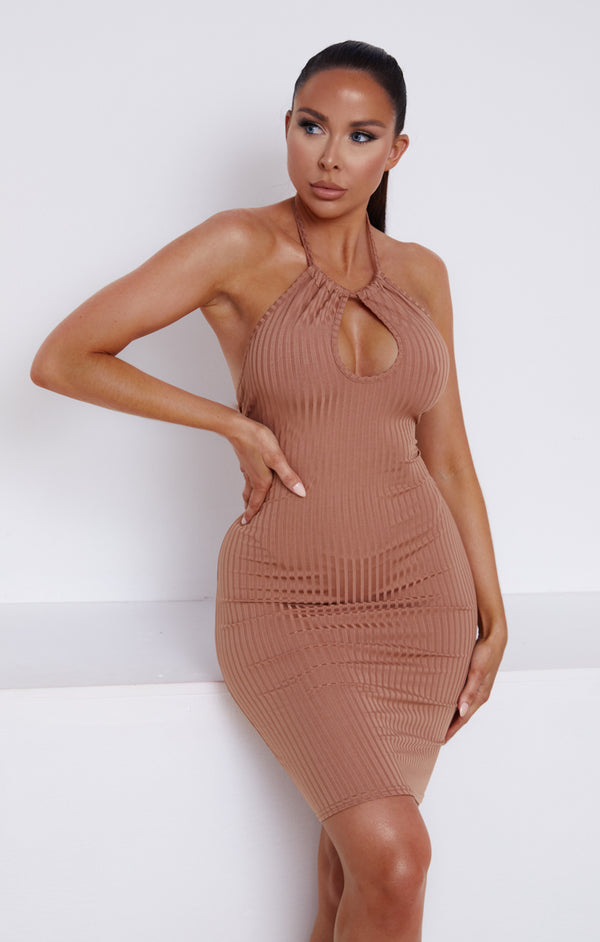 femme luxe Taupe Ribbed Halter Neck Cut Out Bodycon Mini Dress - Amara