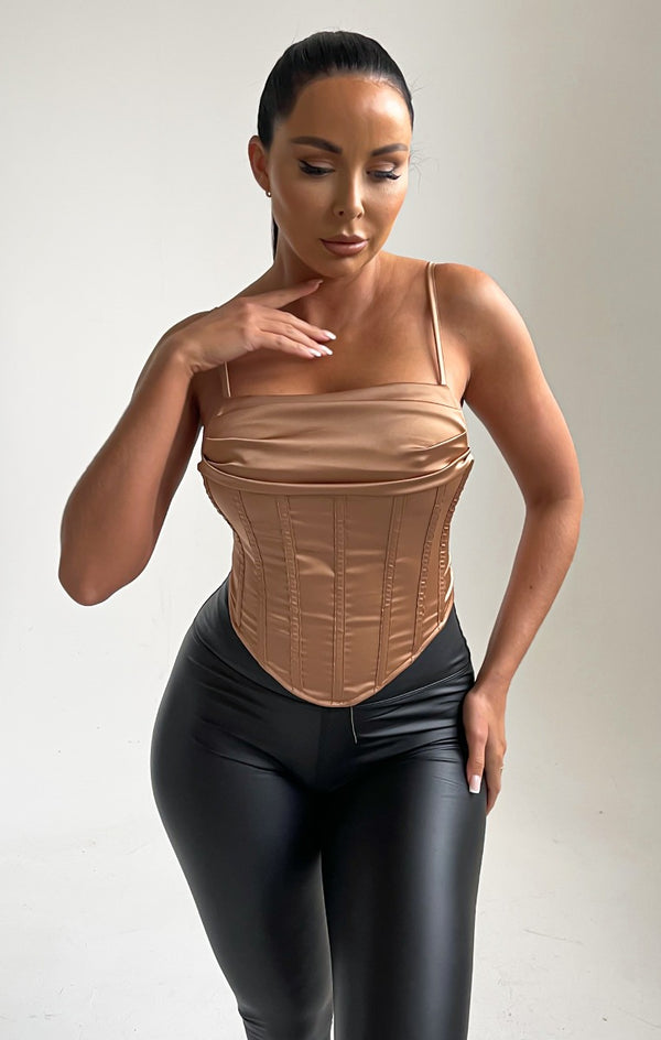 Femme Luxe Taupe Satin Strappy Cowl Neck Boned Corset Top - Fifi