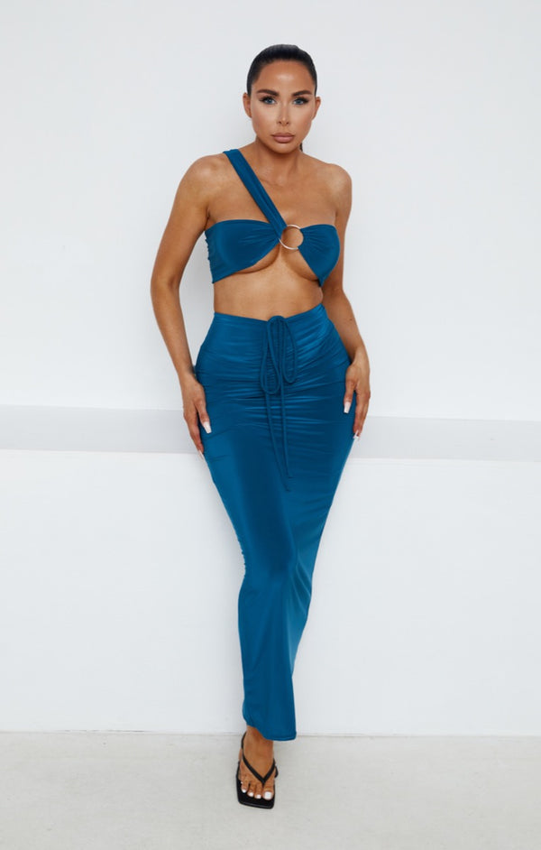 Femme Luxe Teal One Shoulder Cut Out Ring Detail High Waisted Ruched Maxi Skirt Co-Ord - Thea