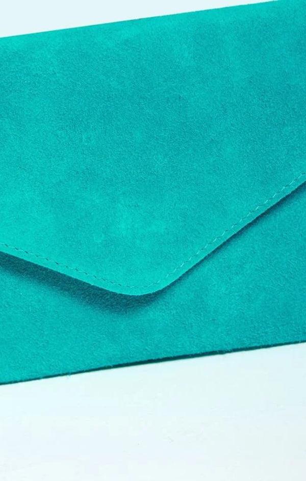 Femme Luxe Turquoise Suede Envelope Luxe Clutch Bag - Laura