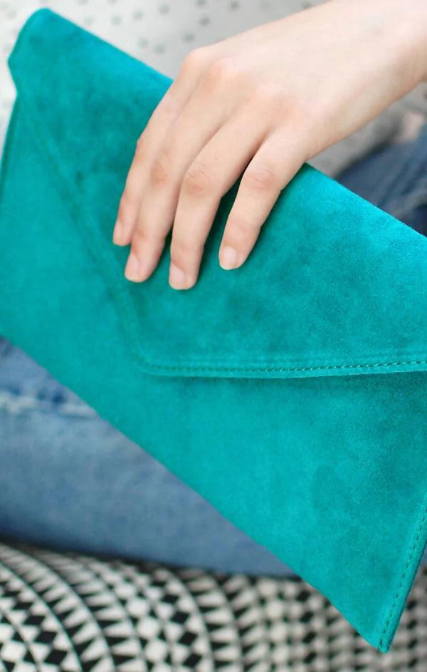 femme luxe Turquoise Suede Envelope Luxe Clutch Bag - Laura