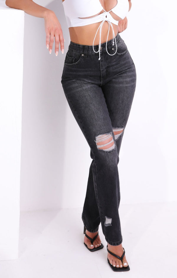 Femme Luxe Washed Black High Waisted Distressed Slim Fit Jeans - Lowri