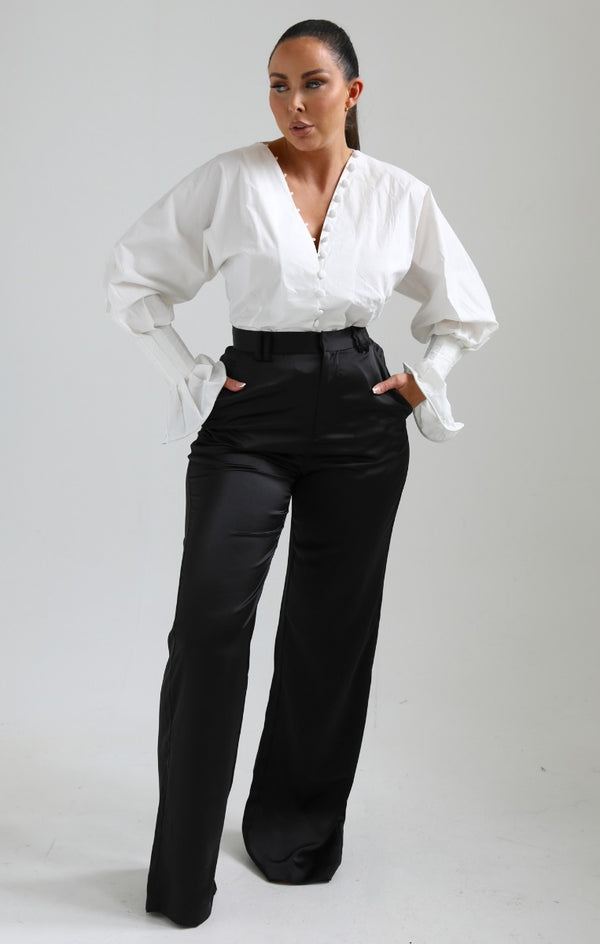 Femme Luxe White Blouson Sleeve Button Up Shirt - Grasia