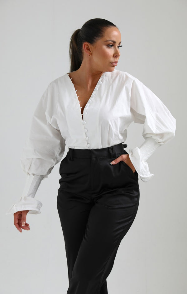 femme luxe White Blouson Sleeve Button Up Shirt - Grasia