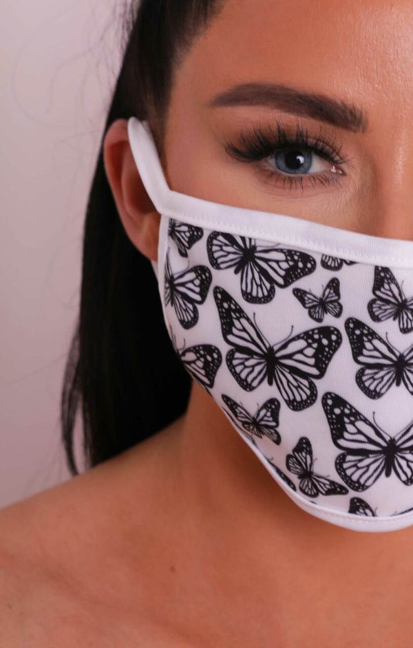 Femme Luxe White Butterfly Print Washable Face Mask