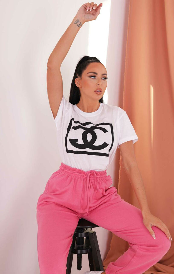 Femme Luxe White ‘CG’ Slogan Box Print Oversized Crew Neck Short Sleeve T-Shirt - Aubrey