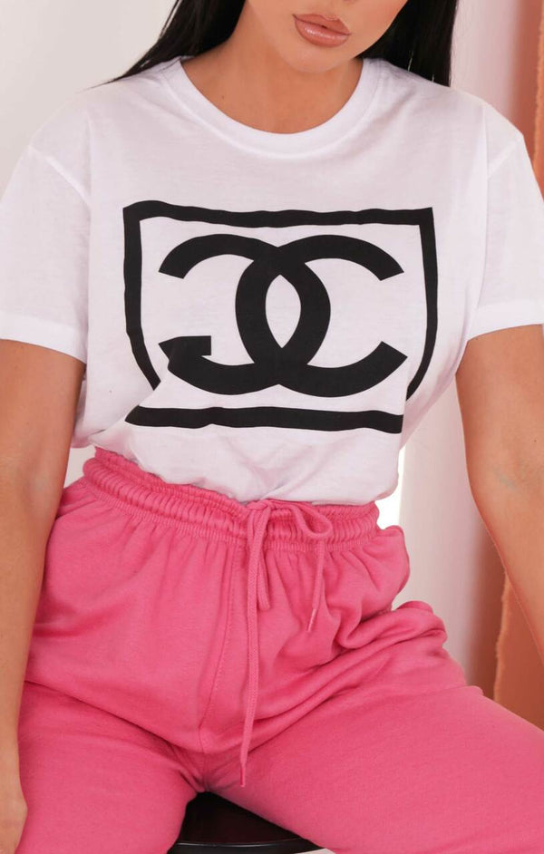 Femme Luxe White ‘CG’ Slogan Box Print Oversized Crew Neck Short Sleeve T-Shirt - Aubrey