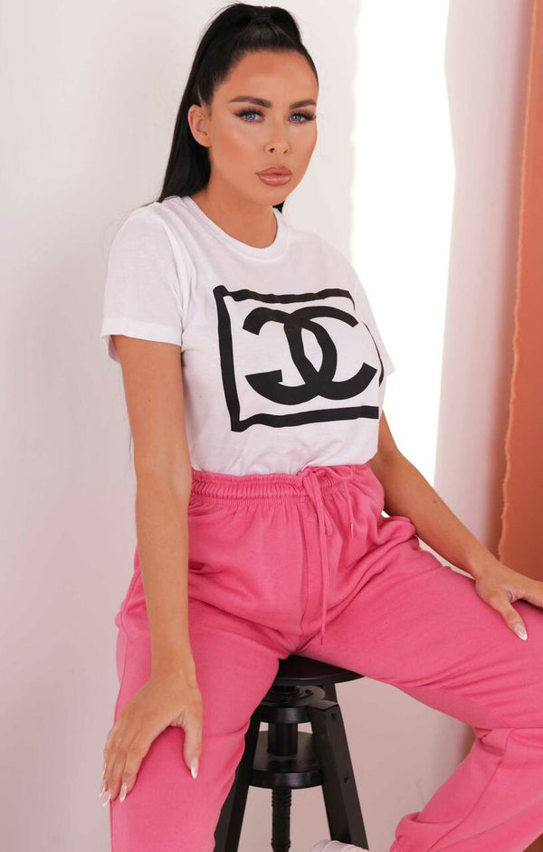 femme luxe White ‘CG’ Slogan Box Print Oversized Crew Neck Short Sleeve T-Shirt - Aubrey