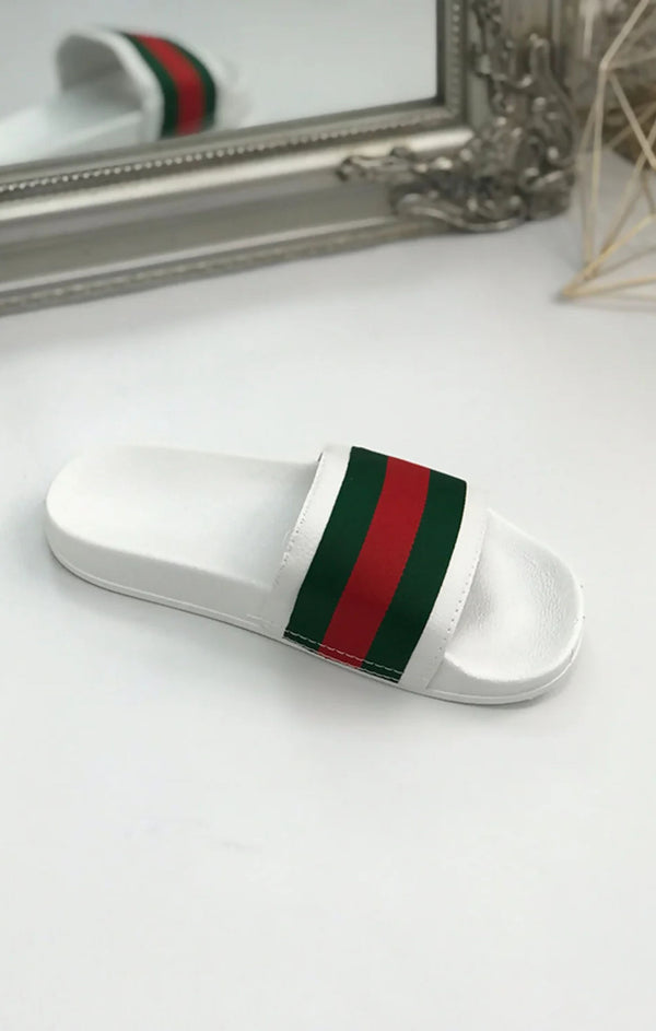 Femme Luxe White Chunky Style Striped Sliders - Vickie
