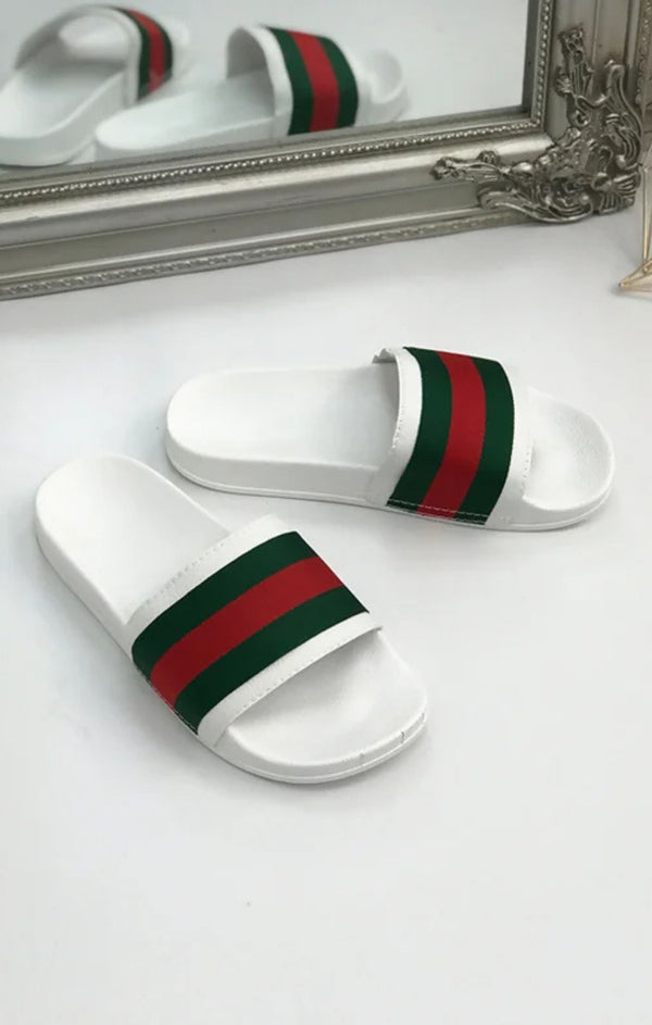 femme luxe White Chunky Style Striped Sliders - Vickie