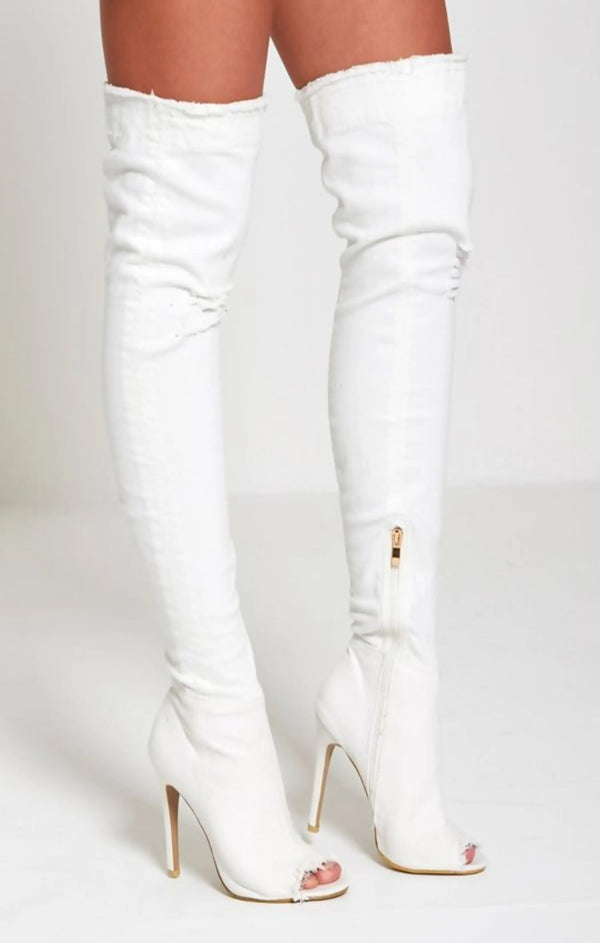 Femme Luxe White Denim Ripped Thigh High Boots - Briar