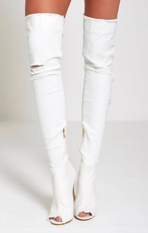 Femme Luxe White Denim Ripped Thigh High Boots - Briar