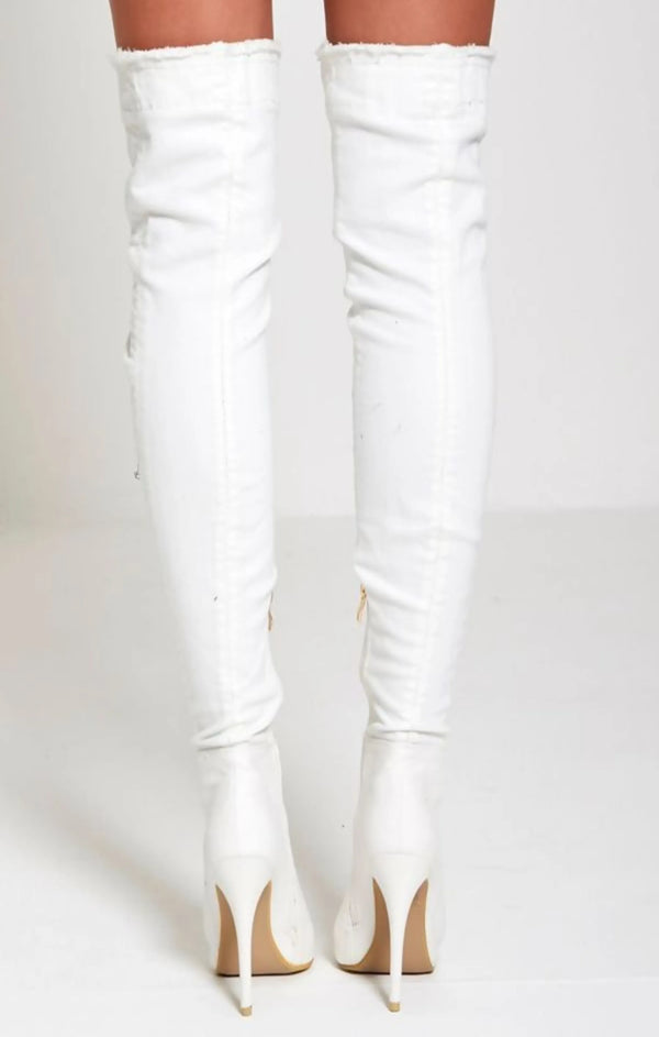 Femme Luxe White Denim Ripped Thigh High Boots - Briar