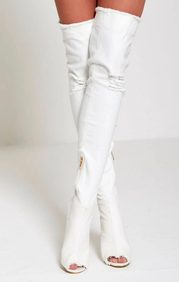femme luxe White Denim Ripped Thigh High Boots - Briar