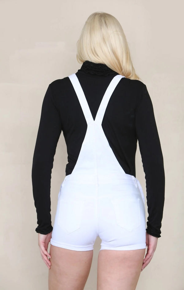 Femme Luxe White Denim Roll Up Hem Short Dungarees - Cindy
