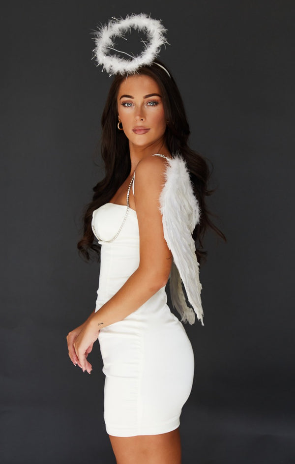 Femme Luxe White Halloween Angel Halo Sparkly Fur Headband - Rosa