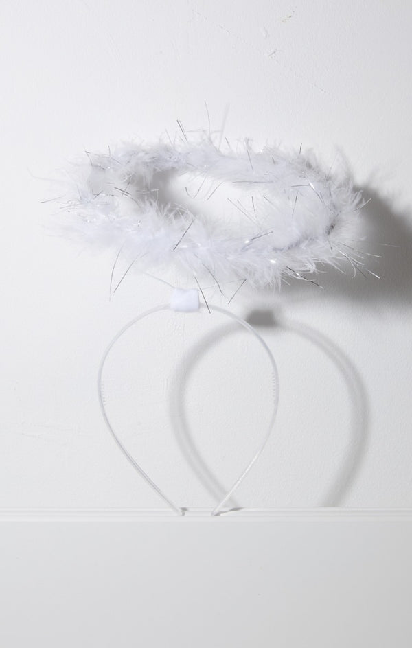 Femme Luxe White Halloween Angel Halo Sparkly Fur Headband - Rosa