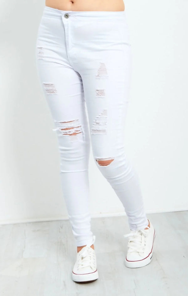 Femme Luxe White High Waisted Ripped Distressed Skinny Jeans - Florita