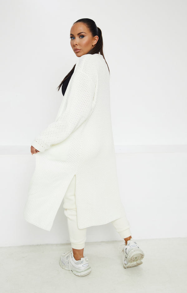 Femme Luxe White Knitted Long Sleeve Side Split Longline Midi Cardigan - Avery