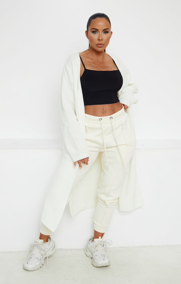 femme luxe White Knitted Long Sleeve Side Split Longline Midi Cardigan - Avery