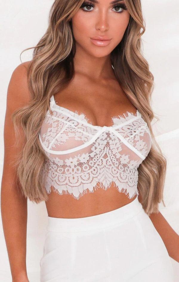 Femme Luxe White Lace Eyelash Plunge Bralette Top - Prem