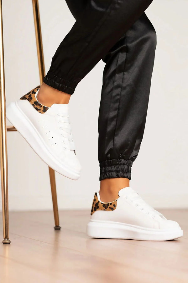femme luxe White Leopard Print Chunky Trainers - Julia
