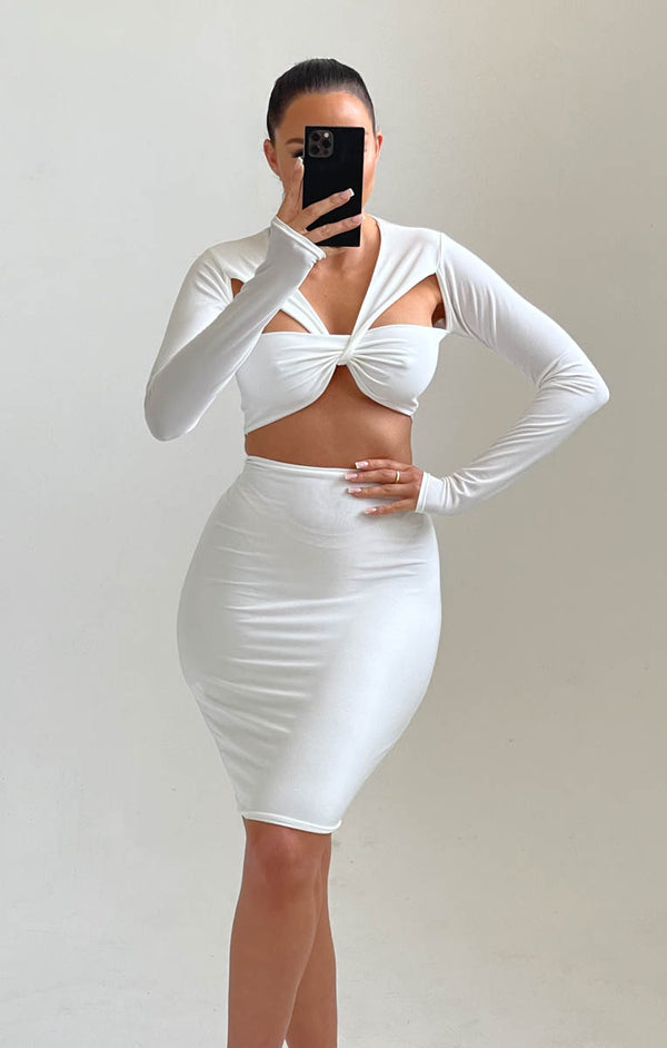 femme luxe White Long Sleeve Cut Out Crop Top And Midi Skirt Co-ord - Pippa
