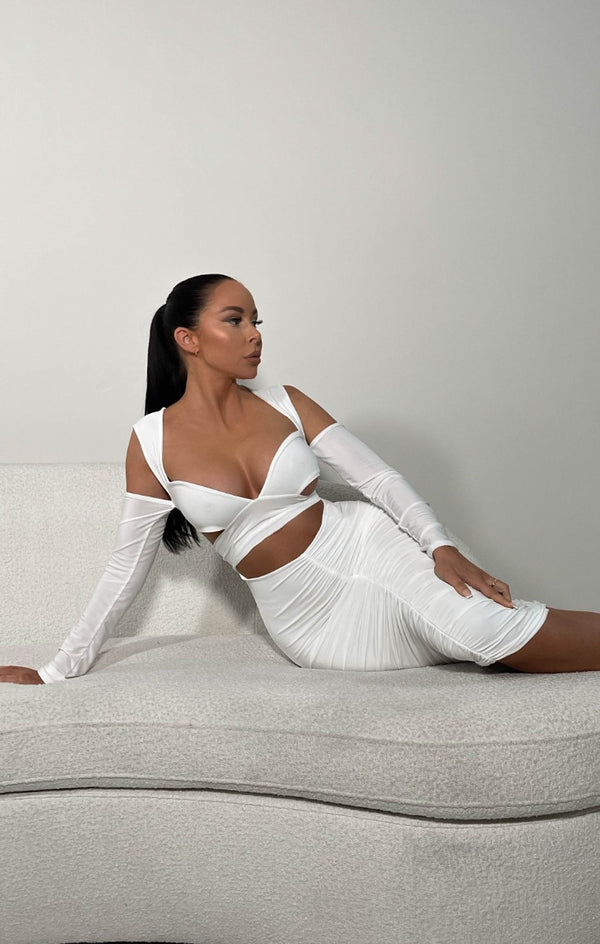 Femme Luxe White Long Sleeve Cut Out Midi Dress-Maria