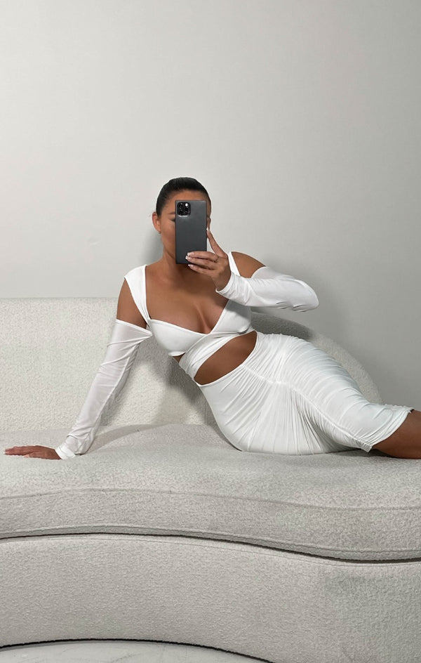 Femme Luxe White Long Sleeve Cut Out Midi Dress-Maria