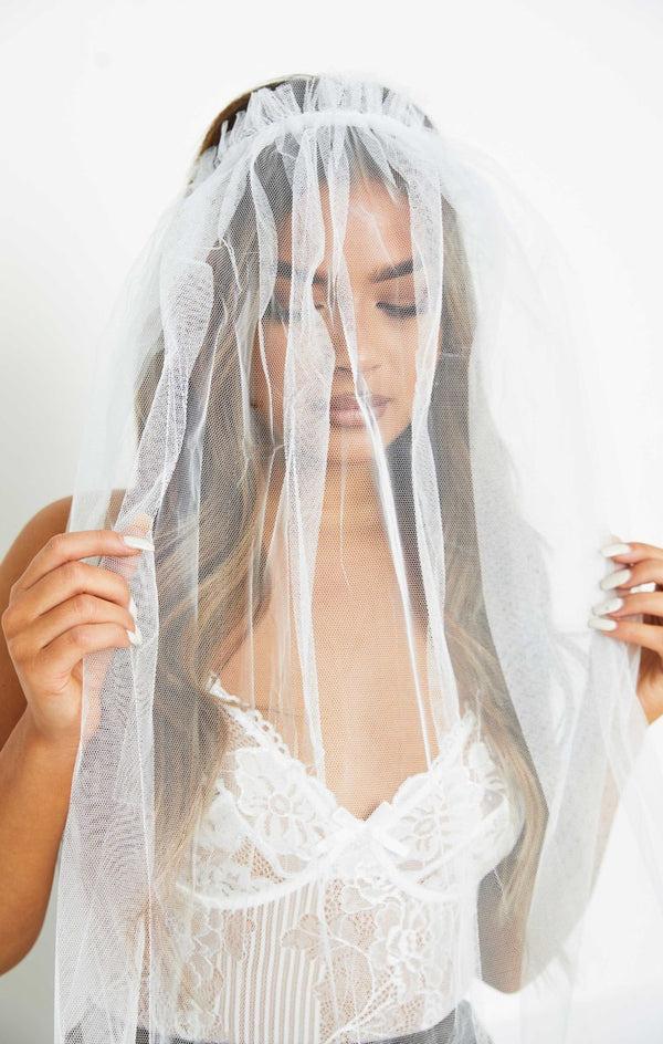 Femme Luxe White Mesh Zombie Bride Veil Headband - Joanna