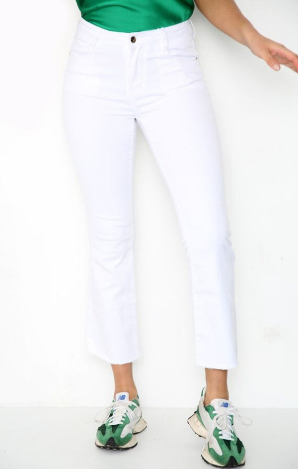 Femme Luxe White Mid Rise Cropped Flared Jeans - Mirelda