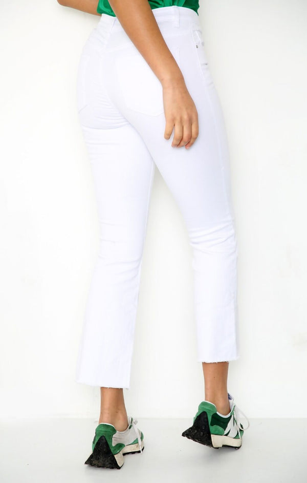Femme Luxe White Mid Rise Cropped Flared Jeans - Mirelda