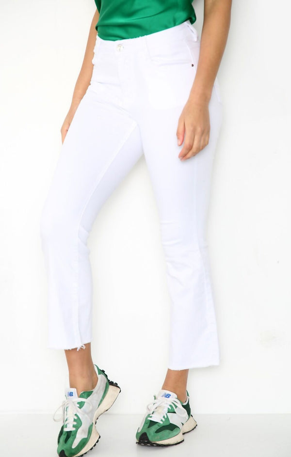 Femme Luxe White Mid Rise Cropped Flared Jeans - Mirelda