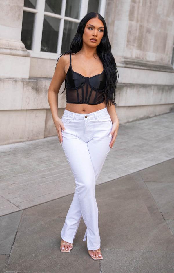 Femme Luxe White Mid Rise Straight Leg Side Split Denim Jeans - Clara