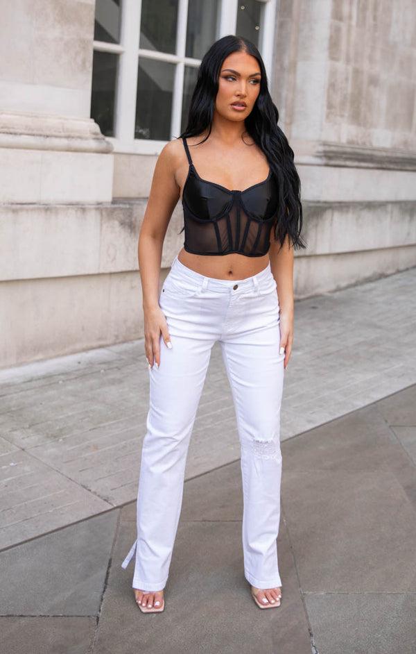 Femme Luxe White Mid Rise Straight Leg Side Split Denim Jeans - Clara