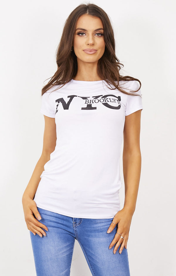femme luxe White ‘NYC Brooklyn’ Slogan Print T-Shirt - Elissara