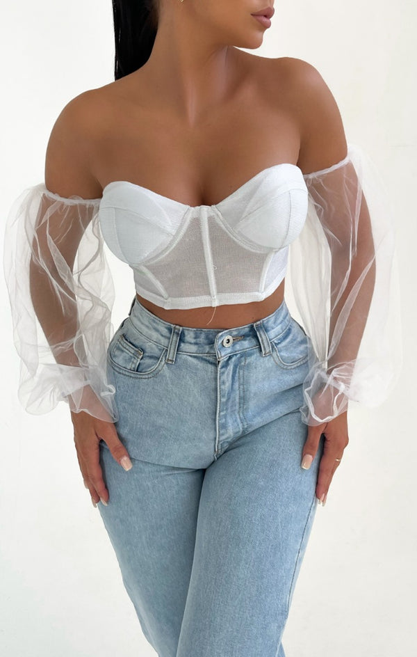 femme luxe White Off The Shoulder Mesh Lurex Corset Top - Poppy