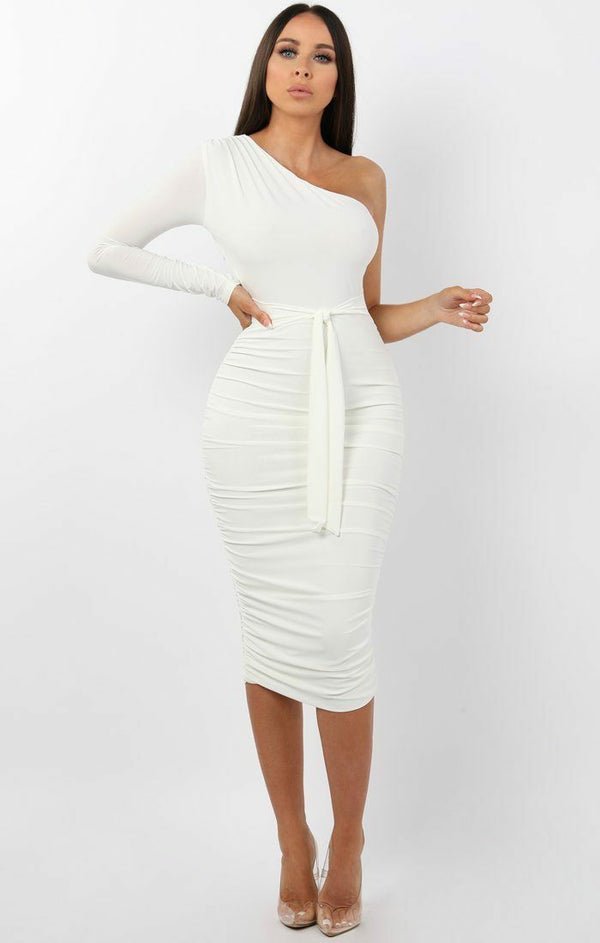 Femme Luxe White One Shoulder Ruched Slinky Midi Dress - Savannah