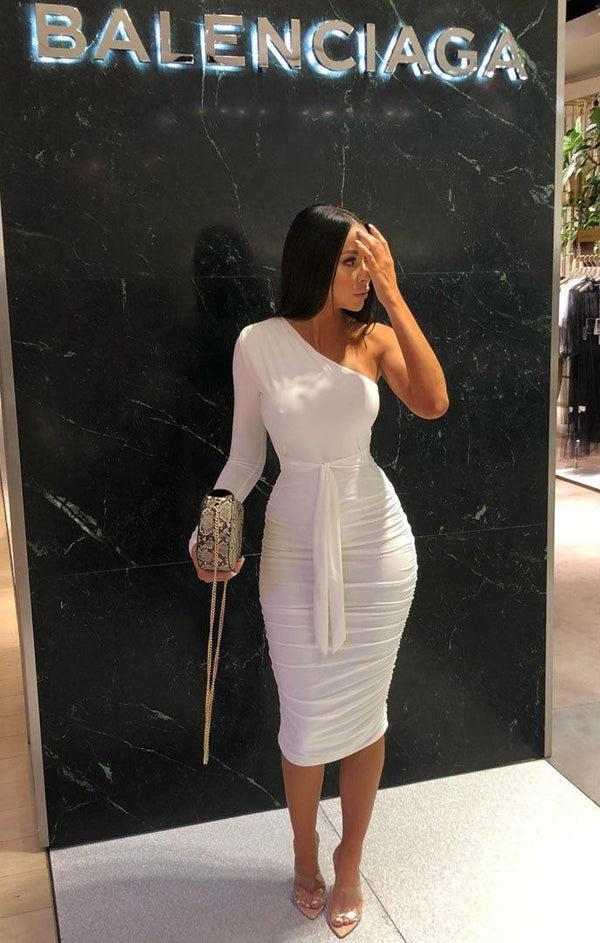 femme luxe White One Shoulder Ruched Slinky Midi Dress - Savannah femme luxe White One Shoulder Ruched Slinky Midi Dress - Savannah