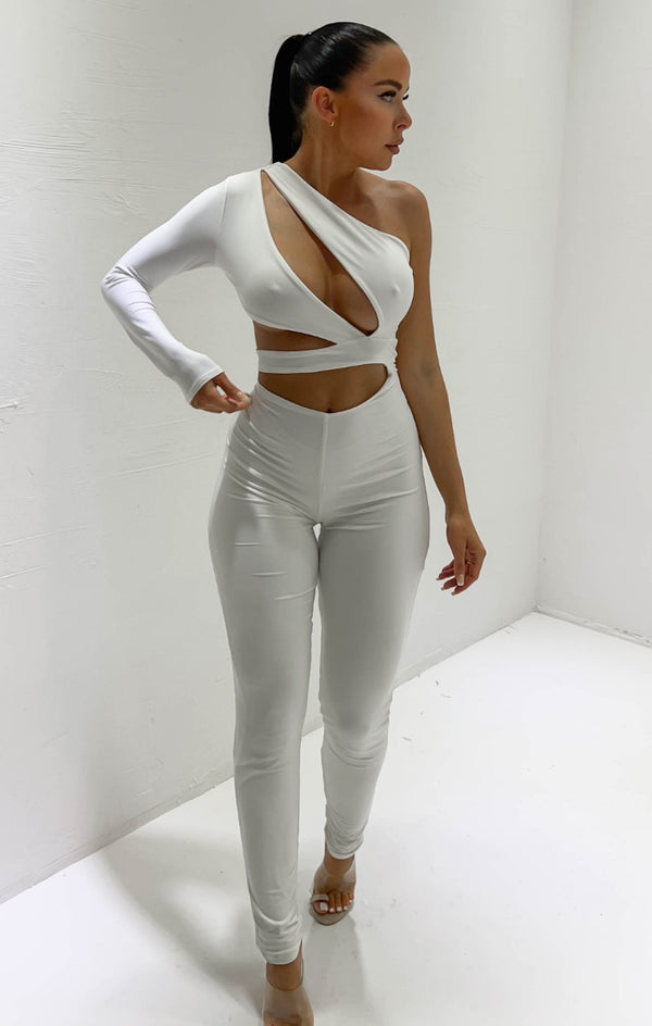 femme luxe White One Sleeve Cut Out Jumpsuit - Christina