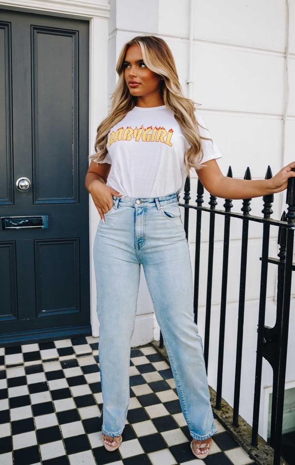 Femme Luxe White Oversized 'Baby Girl' Flame Slogan Print Short Sleeve T-shirt - Dea