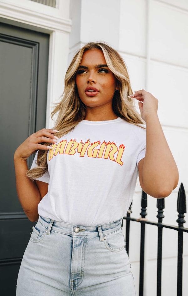 Femme Luxe White Oversized 'Baby Girl' Flame Slogan Print Short Sleeve T-shirt - Dea