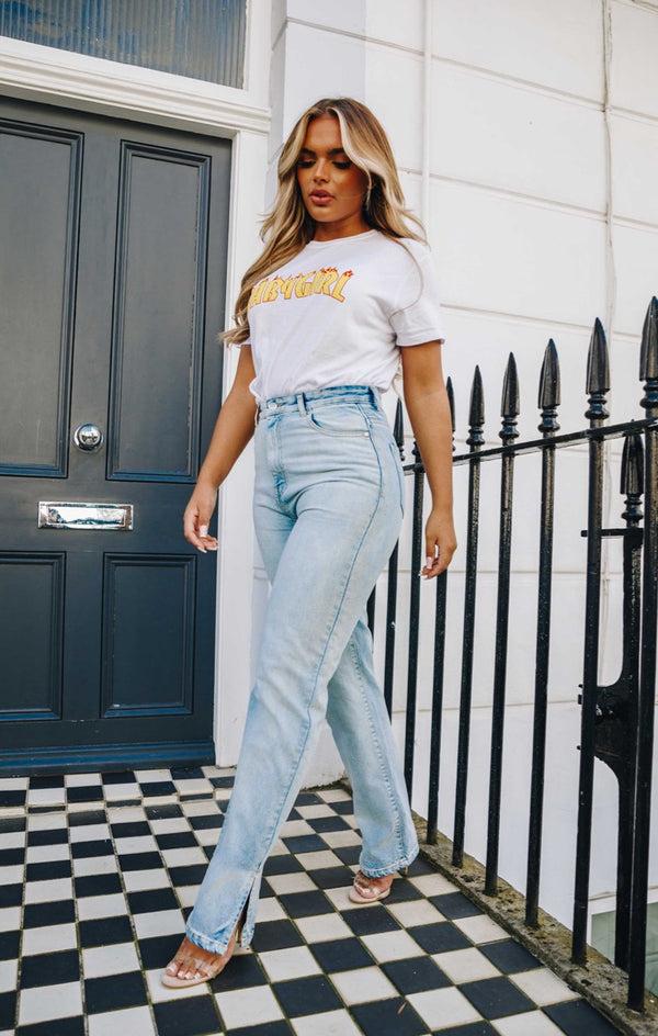 Femme Luxe White Oversized 'Baby Girl' Flame Slogan Print Short Sleeve T-shirt - Dea