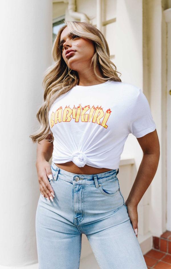 femme luxe White Oversized 'Baby Girl' Flame Slogan Print Short Sleeve T-shirt - Dea