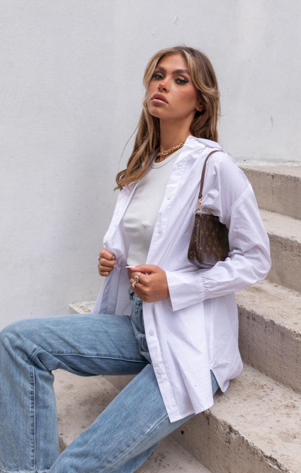 Femme Luxe White Oversized Button Down Long Sleeve Shirt - Lexy
