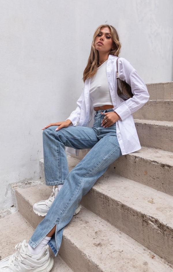 Femme Luxe White Oversized Button Down Long Sleeve Shirt - Lexy