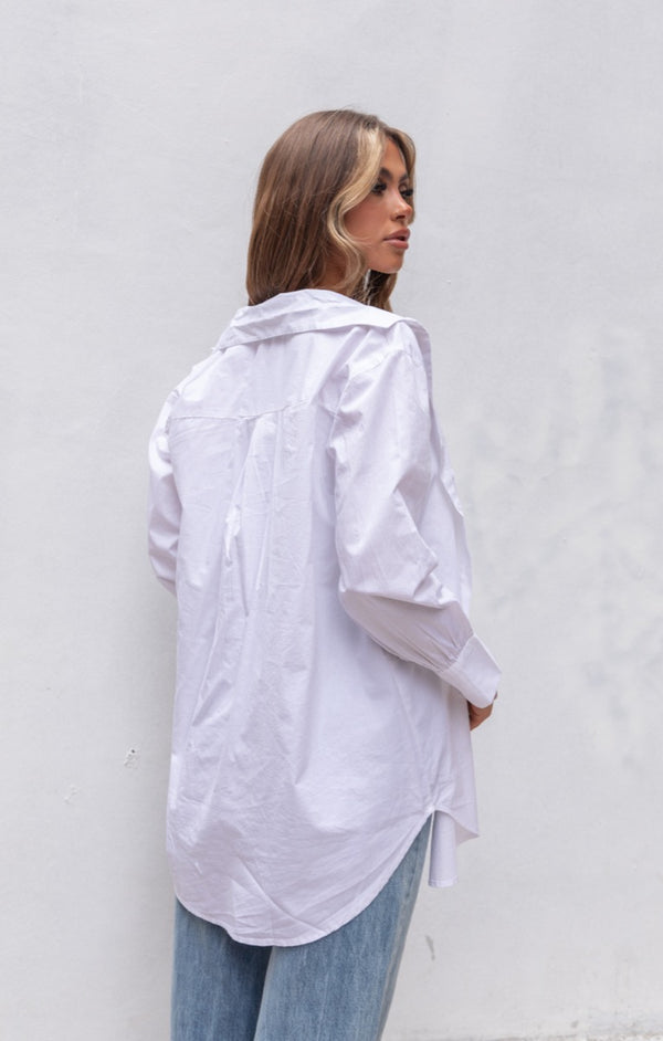 Femme Luxe White Oversized Button Down Long Sleeve Shirt - Lexy
