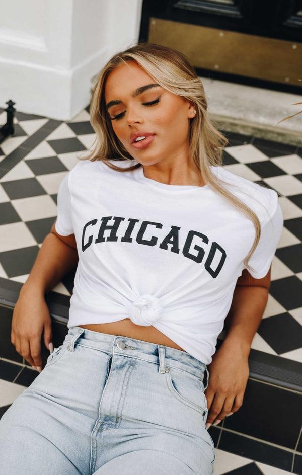 Femme Luxe White Oversized 'Chicago' Slogan Print Short Sleeve T-Shirt - Dalisha